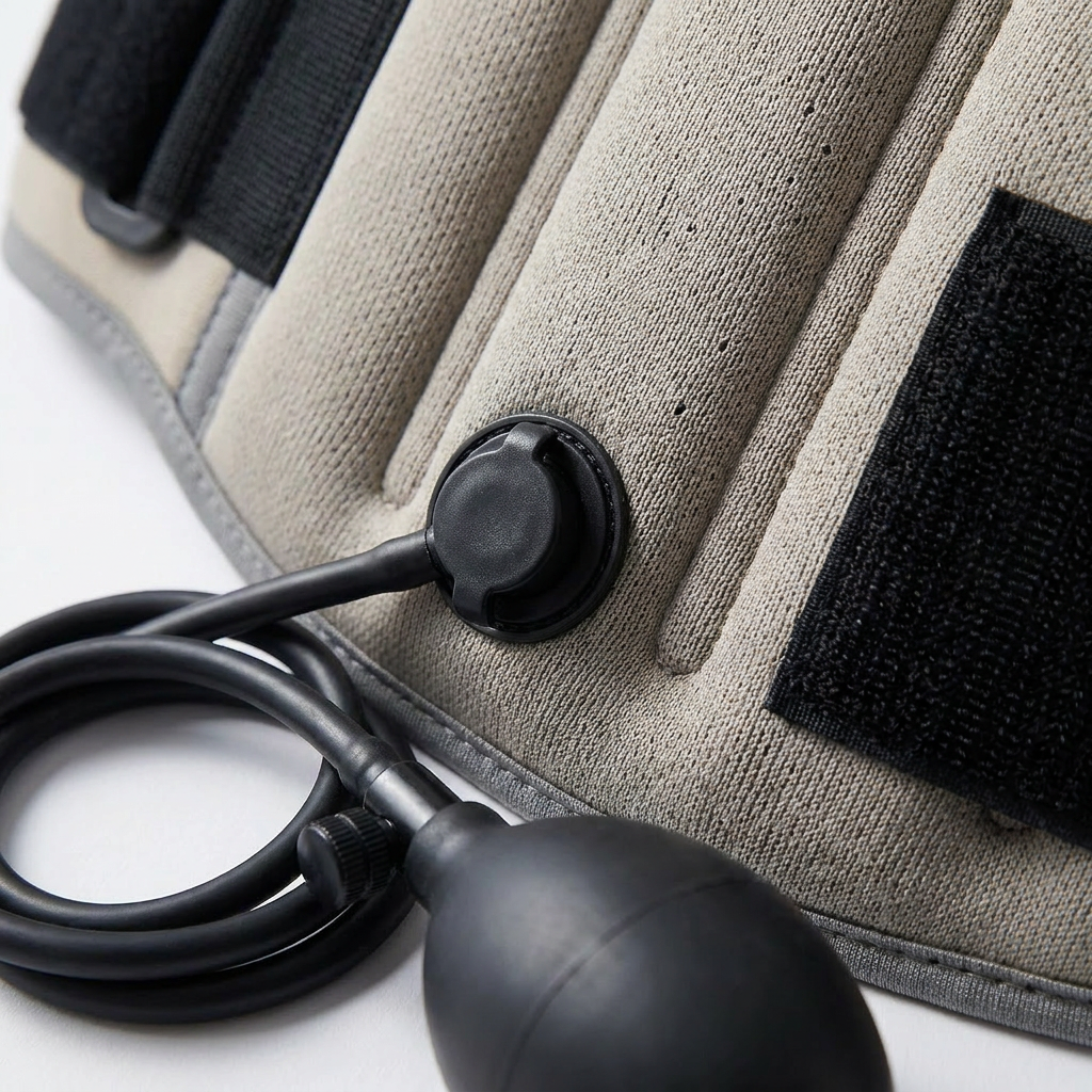 Detalle del tejido transpirable, la válvula y la bomba del cinturón lumbar